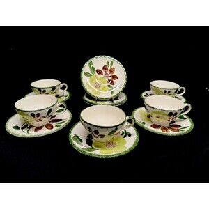 Southern Potteries Green Briar Blue Ridge Hand Painted 8 saucers 5 teacups VTG